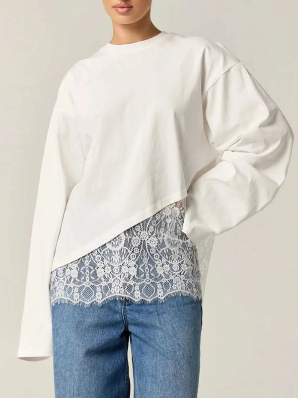 Long-Sleeve T-Shirt with Asymmetric Lace Hem 101001600750083 53 Affordable Fashion Under $100 Jerry's Apparel 