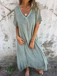 Full Size V-Neck Short Sleeve Midi Dress Plus Size