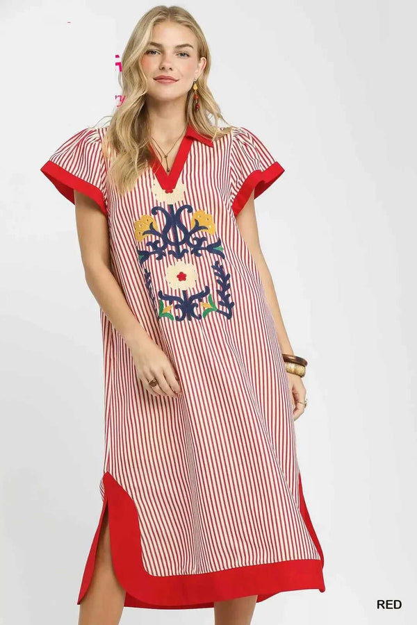 Umgee Floral Embroidered Stripe Dress with Side Slits 100100674571373 62 Affordable Fashion Under $100 Jerry's Apparel 