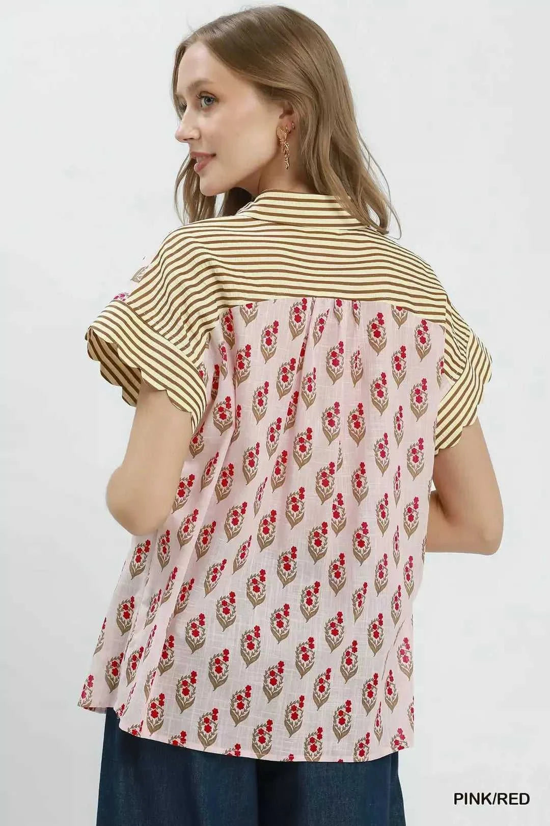 Umgee Block Print Button-Front Shirt with Contrast Stripe Point Collar 100100523571151 47 Affordable Fashion Under $100 Jerry's Apparel 