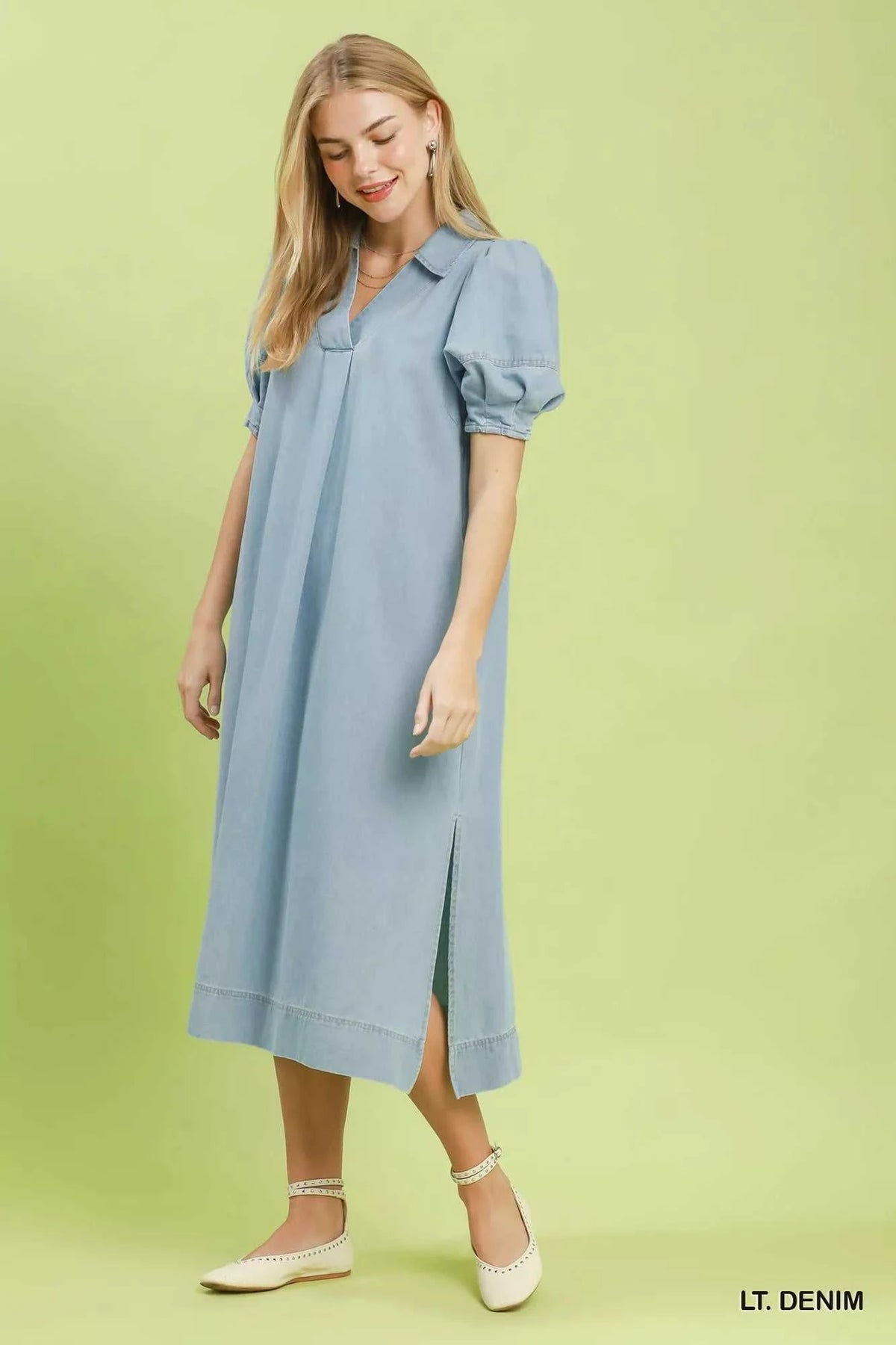Umgee Chambray Collared Puff Sleeve Dress 100100937161574 64 Affordable Fashion Under $100 Jerry's Apparel 