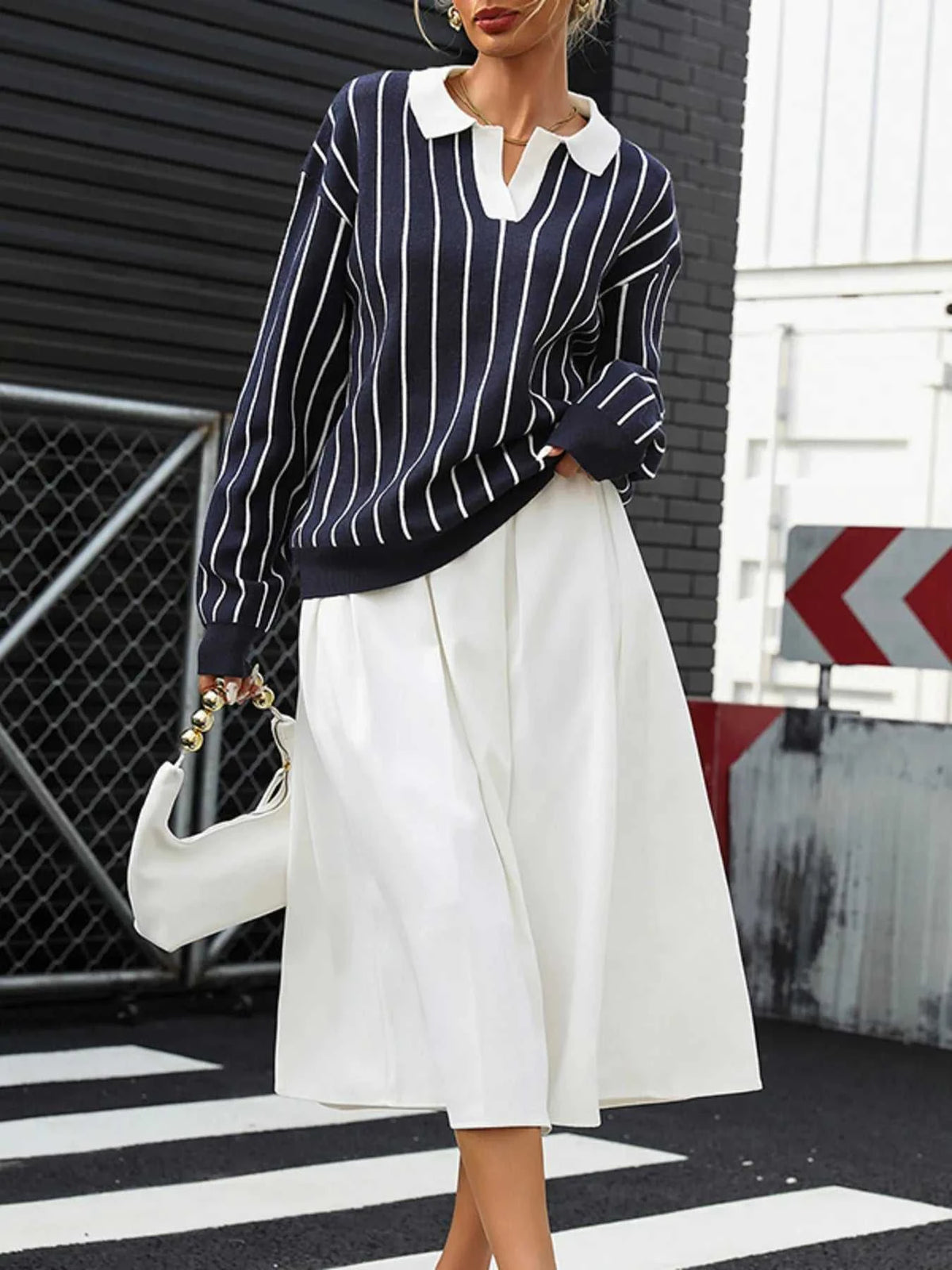 Stripe Contrast Collar Long Sleeve Knit Top 100100552981429 50 Affordable Fashion Under $100 Jerry's Apparel 