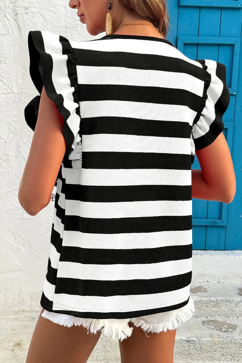 Ruffle Sleeve Striped T-Shirt