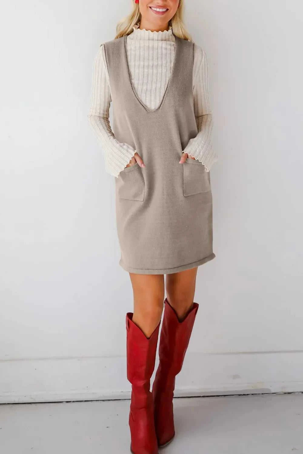 Lovelet Pocketed V-Neck Mini Sweater Overall Dress 100100741662145 42 Affordable Fashion Under $100 Jerry's Apparel 