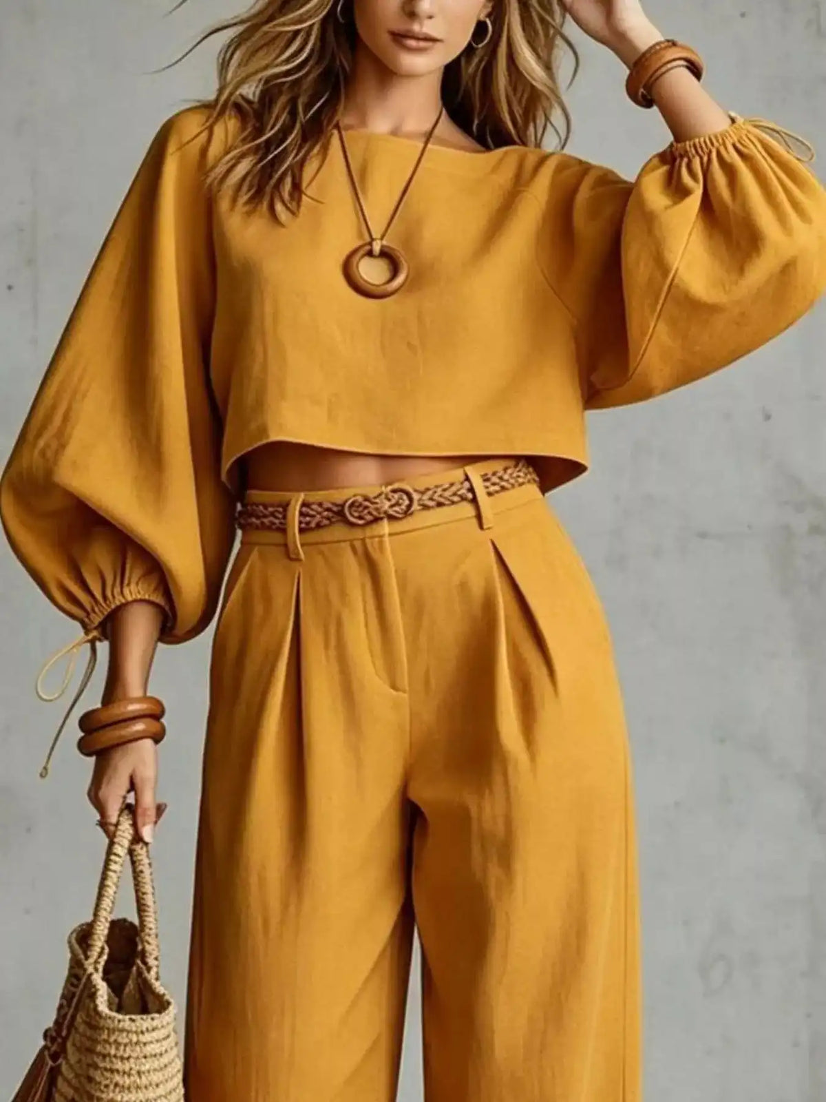 Balloon Sleeve Crop Top and Wide-Leg Pants Set 101001530012684 71 Affordable Fashion Under $100 Jerry's Apparel 