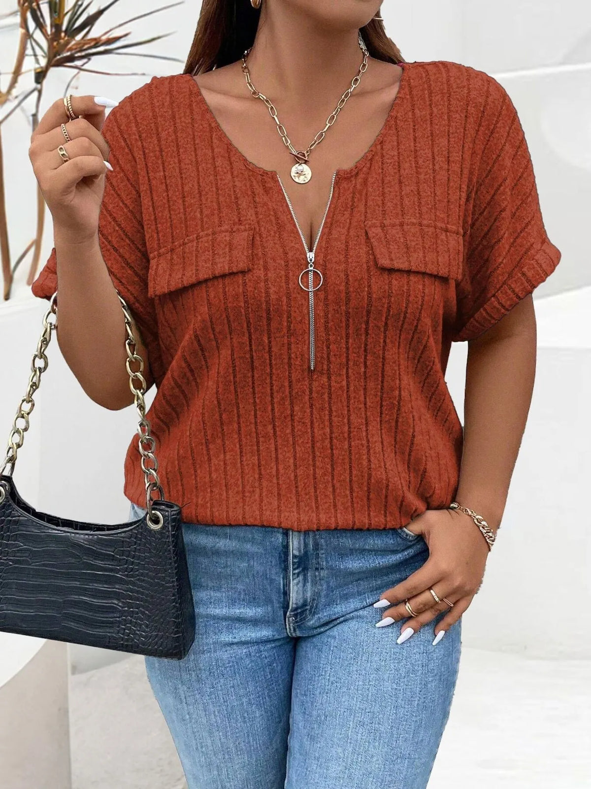 Plus Size Ribbed Half Zip Relaxed Fit T-Shirt