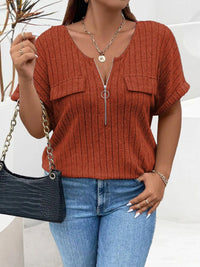 Plus Size Ribbed Half Zip Relaxed Fit T-Shirt