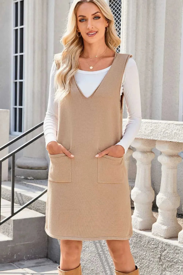 Lovelet Pocketed V-Neck Mini Sweater Overall Dress 100100741662145 42 Affordable Fashion Under $100 Jerry's Apparel 