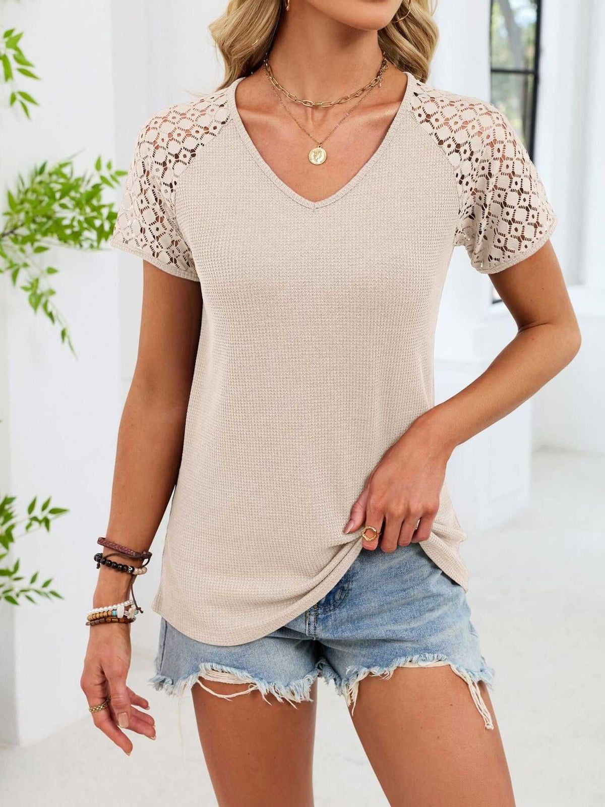 Lace Sleeve V-Neck Waffle Knit T-Shirt 100100150990299 25 Affordable Fashion Under $100 Jerry's Apparel 