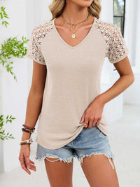 Lace Sleeve V-Neck Waffle Knit T-Shirt 100100150990299 25 Affordable Fashion Under $100 Jerry's Apparel 