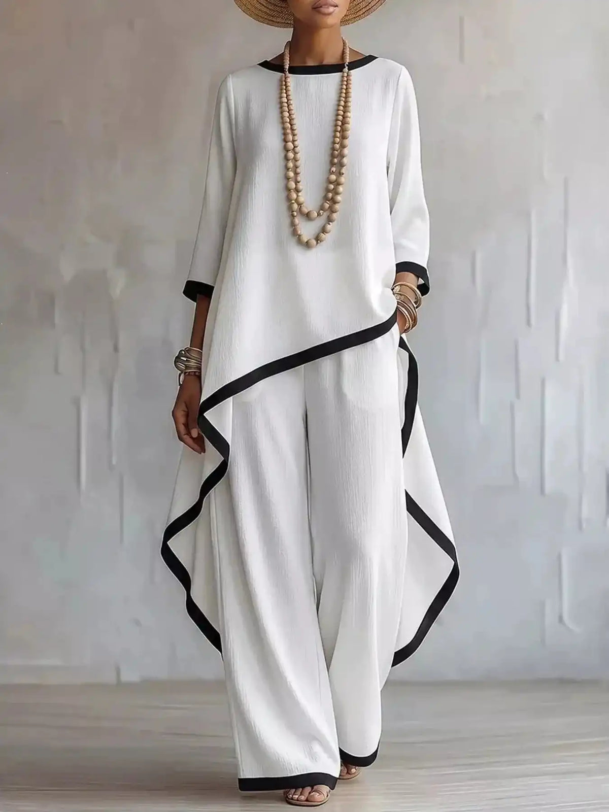 Full Size Contrast Trim High-Low Top and Pants Set Plus Size 101001695377847 67 Women's Pants Set Gifts for Her Jerry's Apparel 