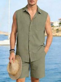 Men's Full Size Button Up Sleeveless Top and Shorts Plus Size 100400363418053 40 Men's Sets Jerry's Apparel 
