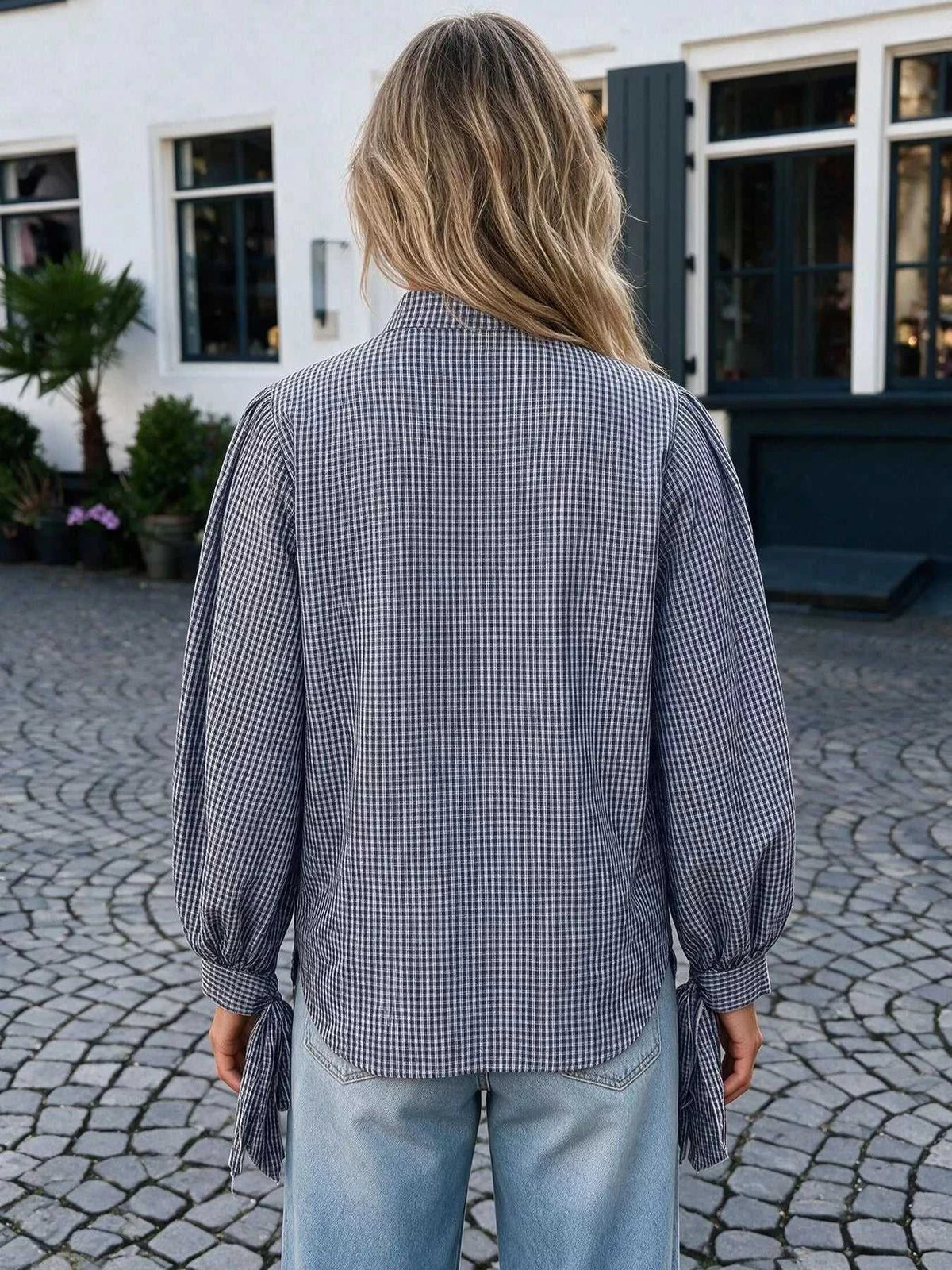Gingham Button Up Shirt with Tie-Sleeve Detail 101001756453060 45 Affordable Fashion Under $100 Jerry's Apparel 