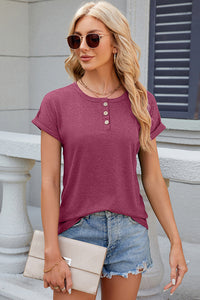 Buttoned Round Neck Short Sleeve T-Shirt