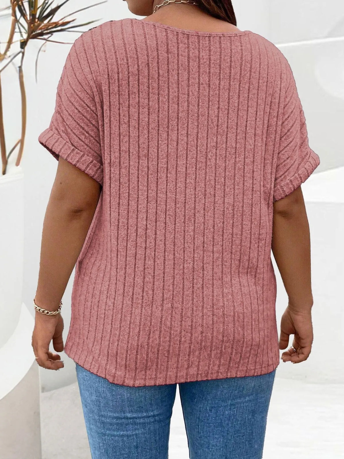 Plus Size Ribbed Half Zip Relaxed Fit T-Shirt