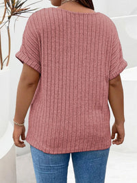 Plus Size Ribbed Half Zip Relaxed Fit T-Shirt