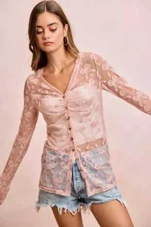 BiBi Bow Pattern Shrried V-neck Mesh Cardigan Top 100100638301325 44 Affordable Fashion Under $100 Jerry's Apparel 