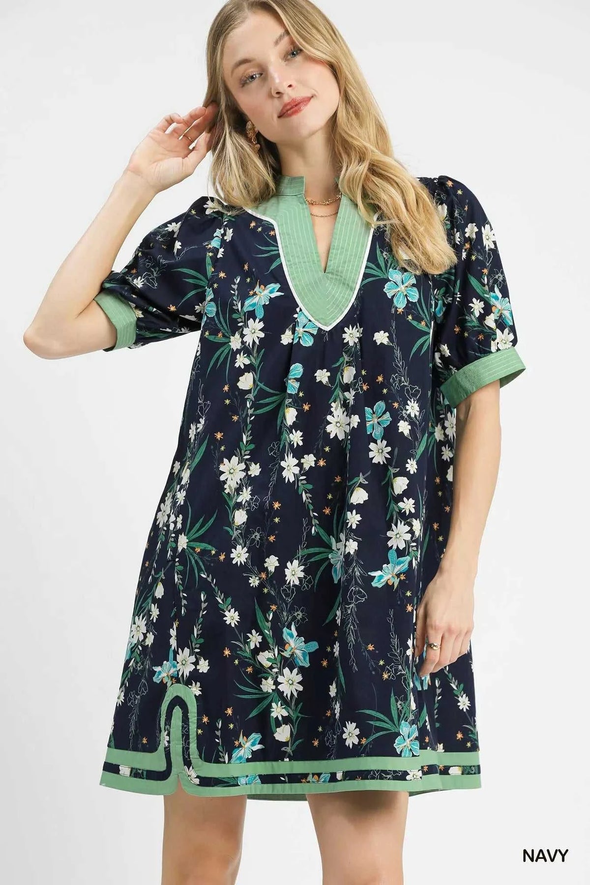 Umgee Floral Puff Sleeve Dress with Contrast Trim 100100245731554 62 Affordable Fashion Under $100 Jerry's Apparel 