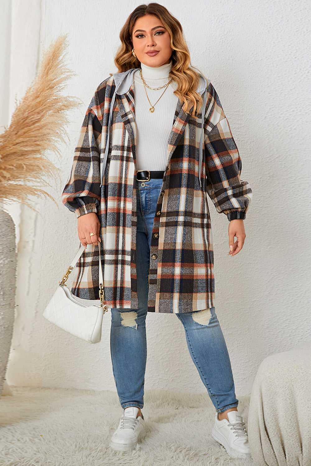 Honey Plus Size Plaid Drop Shoulder Hooded Coat 100100733937686 56 Affordable Fashion Under $100 Jerry's Apparel 