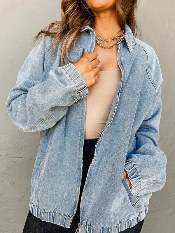 Elastic Edge Collared Zip Up Denim Jacket With Pocket 100100871389623 83 Affordable Fashion Under $100 Jerry's Apparel 