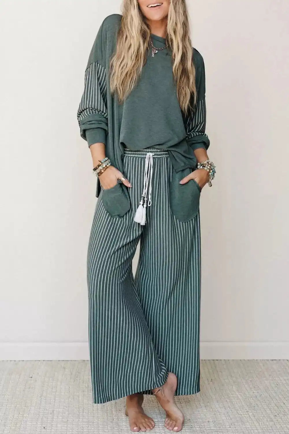 Raw Seam Patchwork Long Sleeve Top Pocket Casual Pants 2pcs Set 101001842785883 78 Affordable Fashion Under $100 Jerry's Apparel 