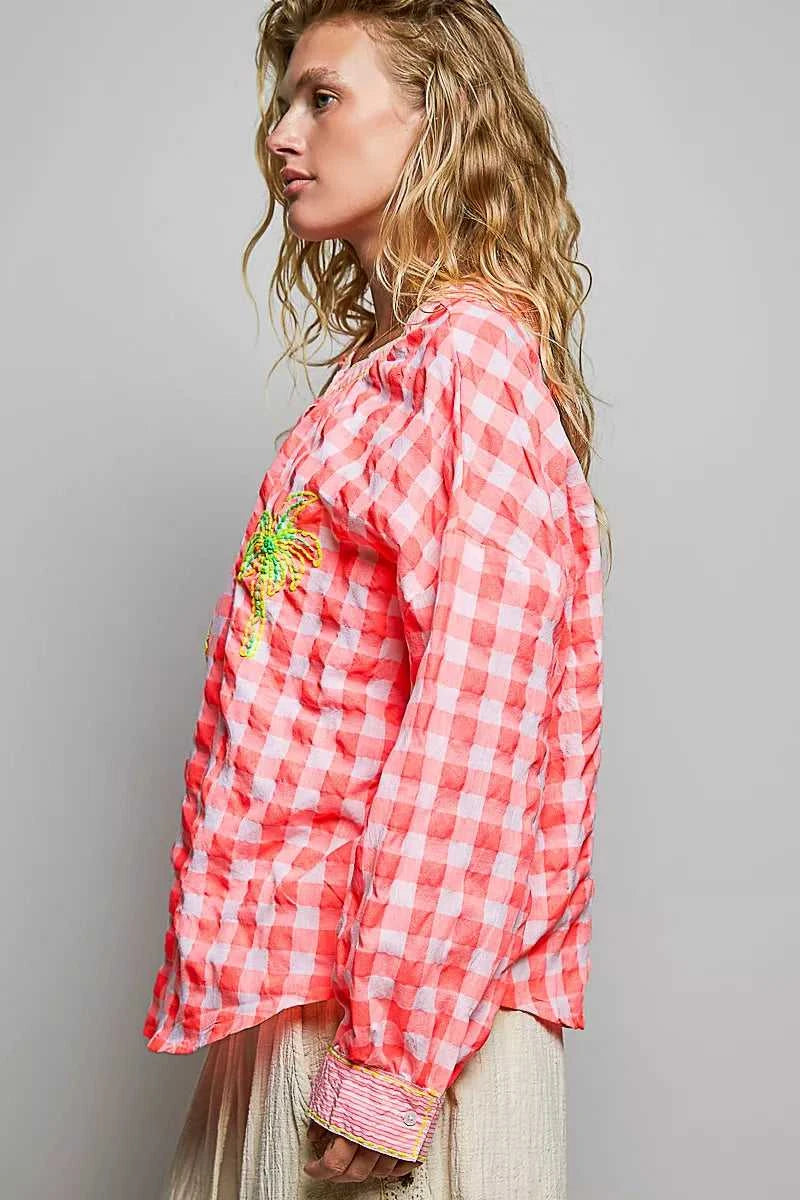 POL Gingham Embroidered Palm Tree Blouse 100100495991643 50 Affordable Fashion Under $100 Jerry's Apparel 