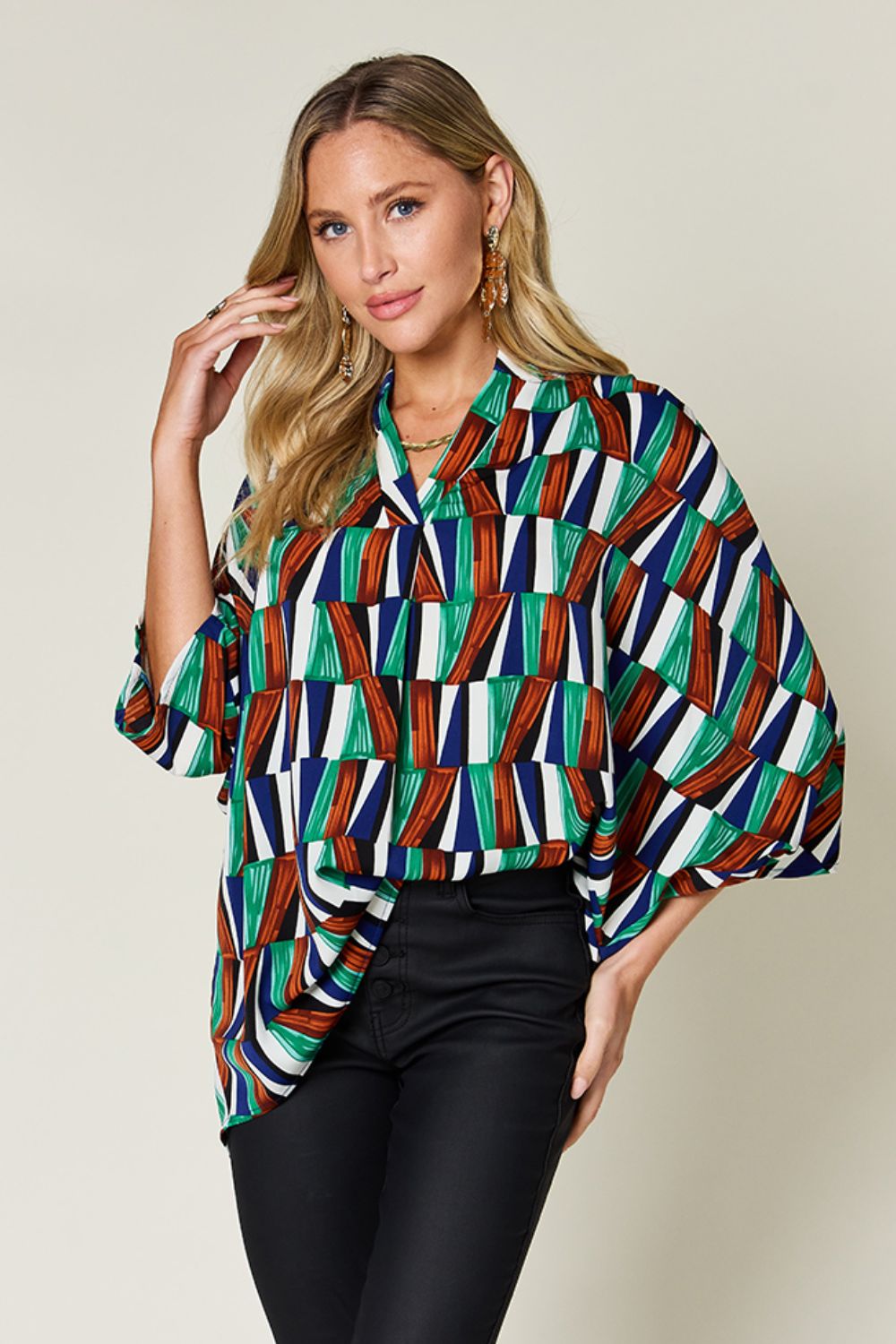 Full Size Geometric Notched Raglan Sleeve Blouse