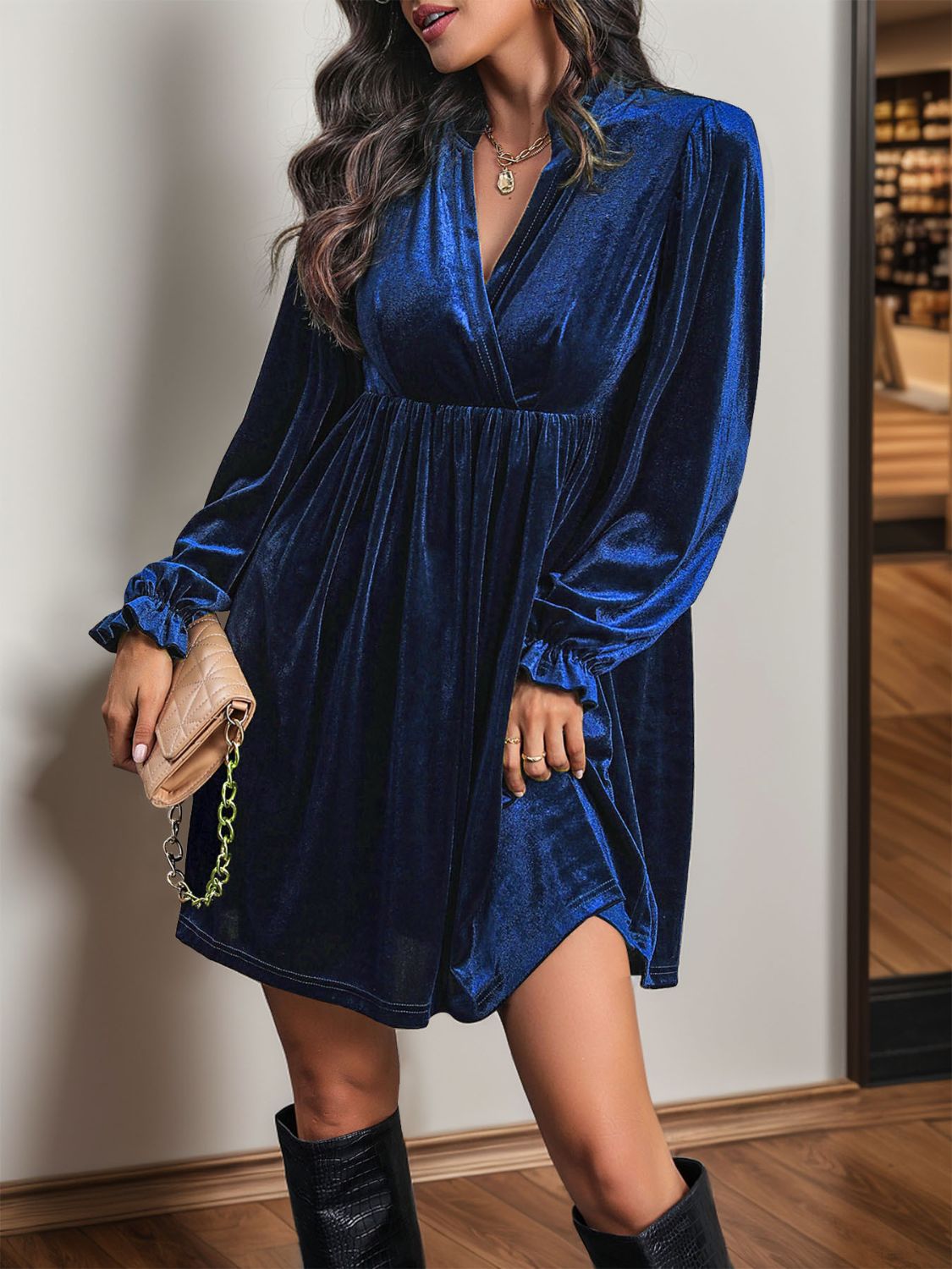 Perfee Ruched Surplice Long Sleeve Mini Dress