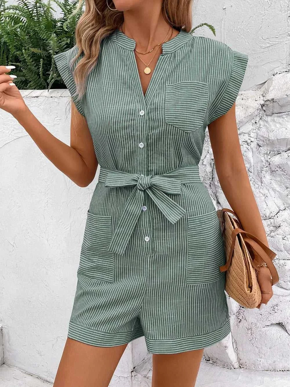 Perfee Striped Notched Tie Waist Romper 100100531531771 37 Affordable Fashion Under $100 Jerry's Apparel 