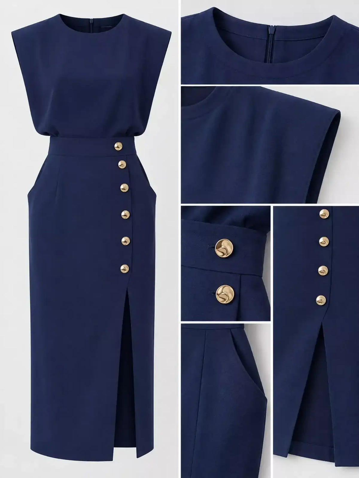 Sleeveless Midi Dress with Gold Button Detail and Side Slit 101001590890082 42 Affordable Fashion Under $100 Jerry's Apparel 