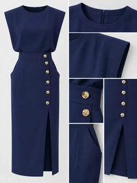 Sleeveless Midi Dress with Gold Button Detail and Side Slit 101001590890082 42 Affordable Fashion Under $100 Jerry's Apparel 