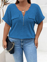 Plus Size Ribbed Half Zip Relaxed Fit T-Shirt
