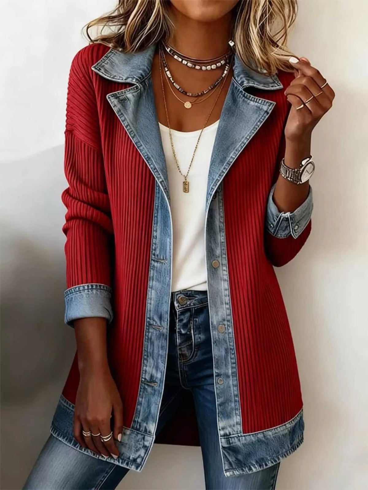 Full Size Denim Trim Ribbed Knit Jacket Plus Size 101001578991997 43 Affordable Fashion Under $100 Jerry's Apparel 