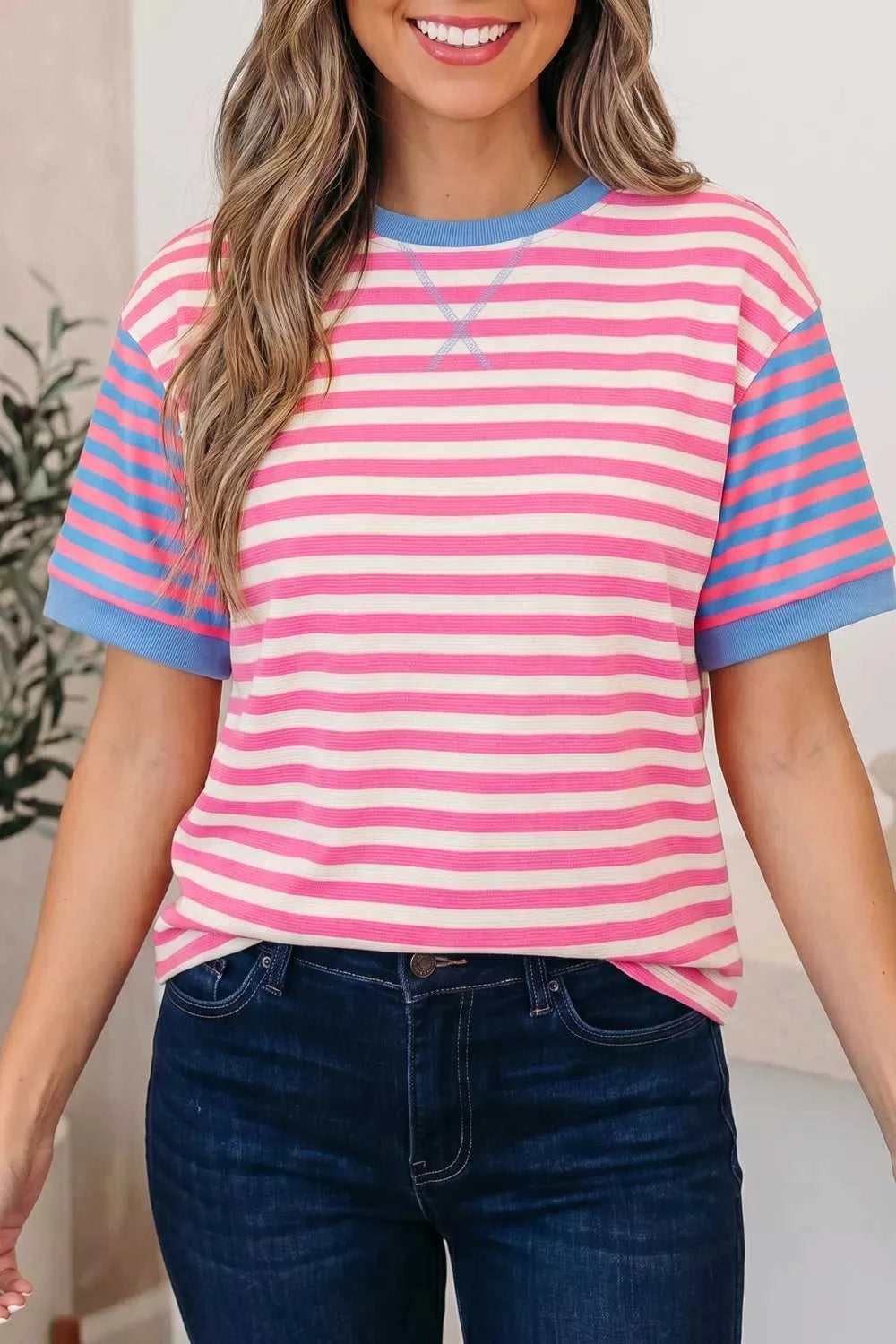 Stripe Contrast Patchwork Short Sleeve Loose Tee 100100172924459 30 Affordable Fashion Under $100 Jerry's Apparel 
