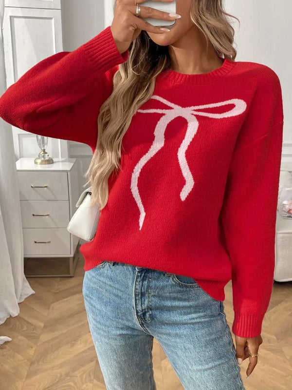 Bow Graphic Ribbed Hem Round Neck Sweater 100100077708604 48 Affordable Fashion Under $100 Jerry's Apparel 