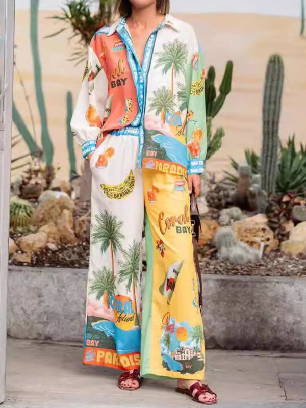 Printed Button Up Shirt and Pants Set