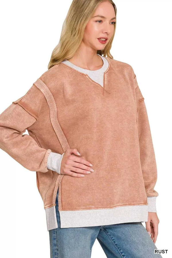 Zenana Fleece Acid Washed Contrast Trim Sweatshirt 100100489051654 39 Affordable Fashion Under $100 Jerry's Apparel 