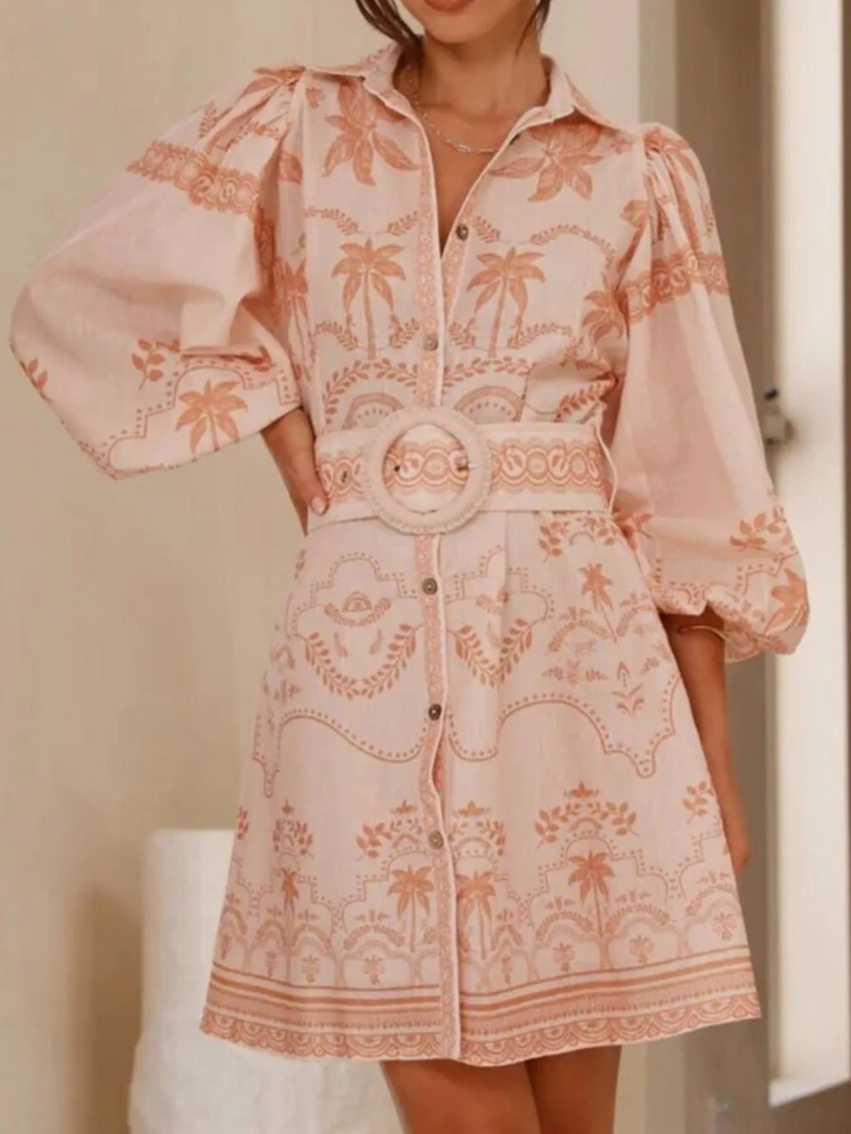Printed Button Down Shirt Dress with Belt