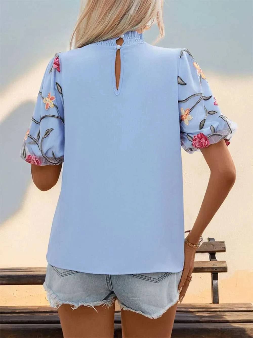 Perfee Embroidered Mock Neck Puff Sleeve Blouse 100100917971090 28 Affordable Fashion Under $100 Jerry's Apparel 