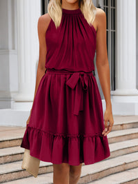 Frill Grecian Neck Tie Waist Mini Dress