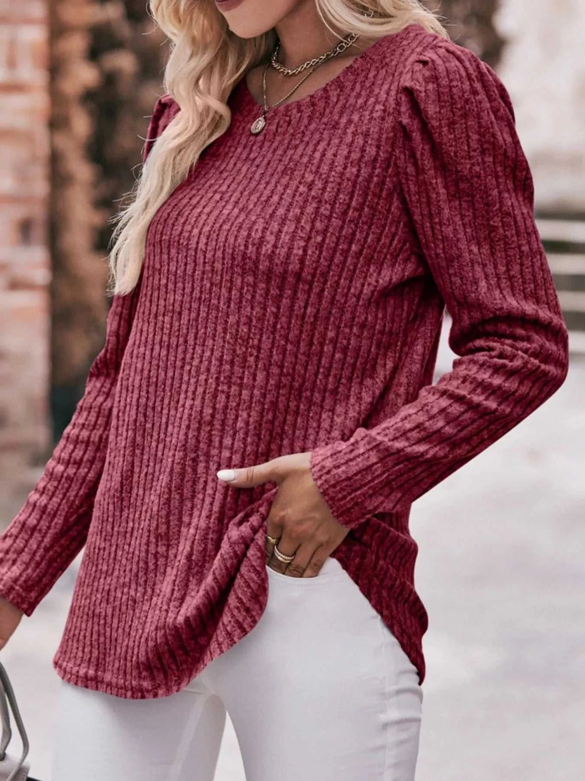 Ribbed Knit Puff Sleeve T-Shirt 100100962471478 28 Affordable Fashion Under $100 Jerry's Apparel 