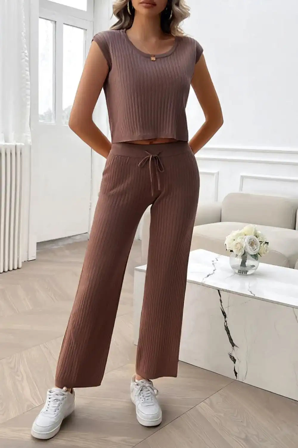 Devine Ribbed Round Neck Top and Pants Set 100100643541406 76 Affordable Fashion Under $100 Jerry's Apparel 