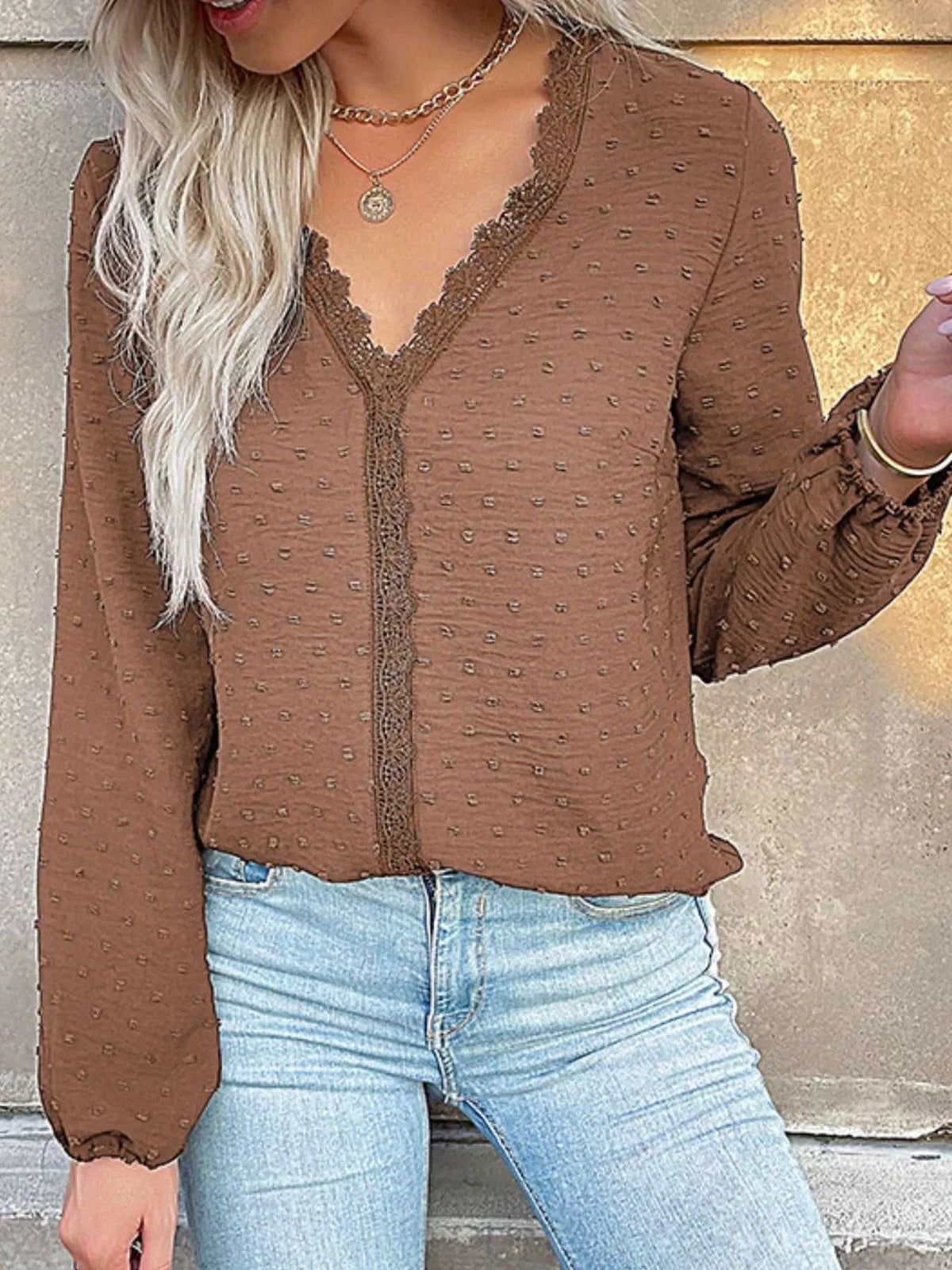 Lace Detail V-Neck Long Sleeve Blouse 100100219485344 33 Affordable Fashion Under $100 Jerry's Apparel 