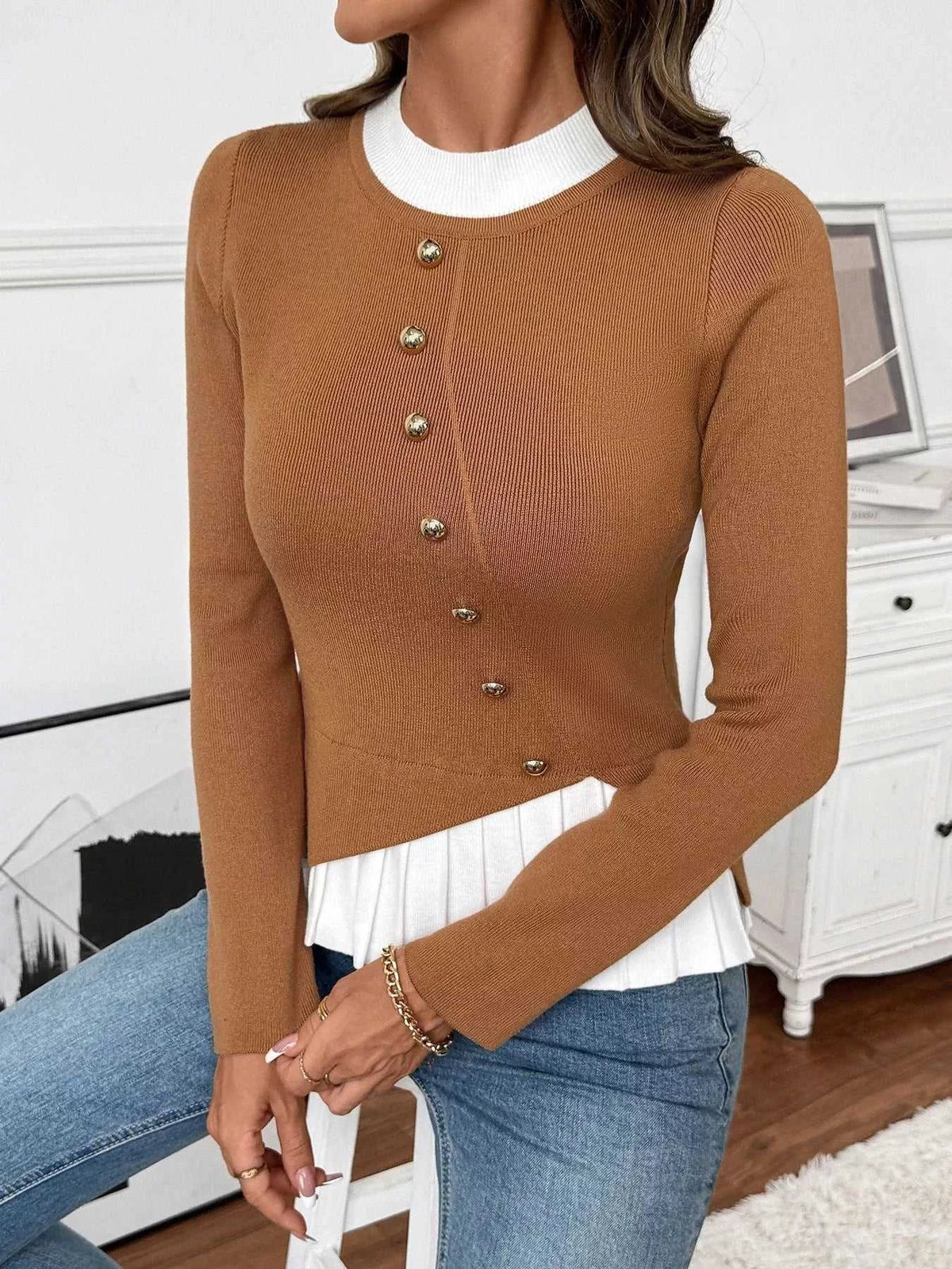 Decor Button Contrast Hem Knit Top 100100315297138 47 Affordable Fashion Under $100 Jerry's Apparel 