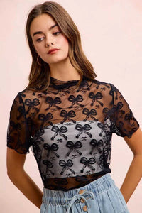 BiBi High Neckline Short Sleeves Bow Pattern Mesh Top 100100247341632 30 Affordable Fashion Under $100 Jerry's Apparel 