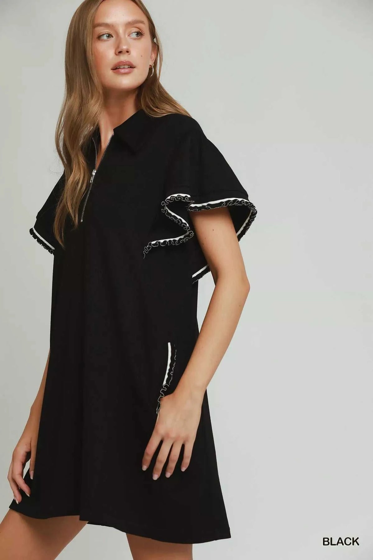 Umgee Half Zip Ruffle Rib Band Butterfy Sleeve Mini Dress with Pockets 100100106251802 53 Affordable Fashion Under $100 Jerry's Apparel 