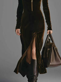 Velvet Zip-Front Slit Midi Dress 100100368325428 56 Affordable Fashion Under $100 Jerry's Apparel 