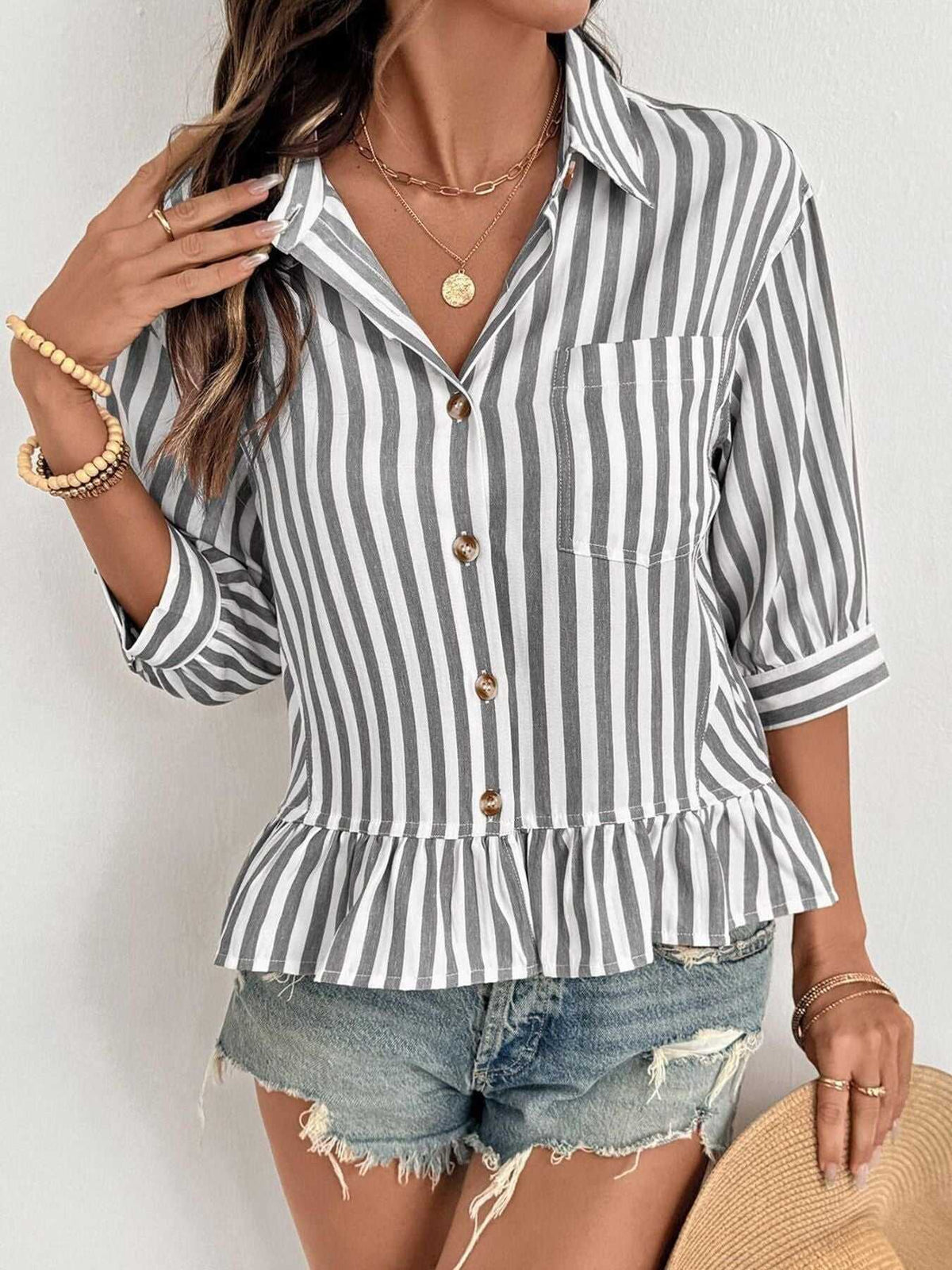Striped Ruffle Hem Button-Down Shirt 100100634757459 44 Affordable Fashion Under $100 Jerry's Apparel 