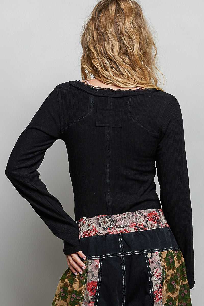 POL V-Neck Long Sleeve Ribbed Top with Lace-Accent Neckband 100100854261520 50 Affordable Fashion Under $100 Jerry's Apparel 