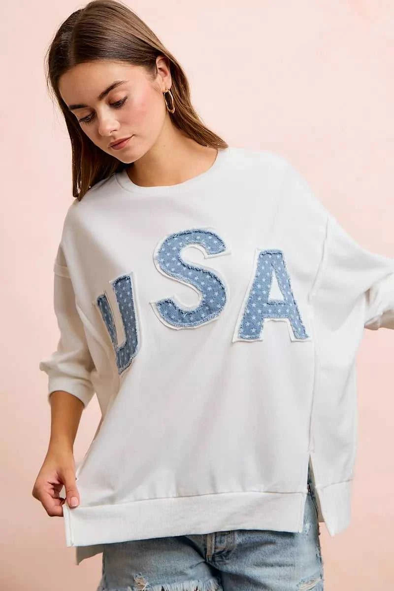 BiBi 4th Of July Usa Letter Patchwork French Terry Top 100100635501873 52 Gifts for Her Jerry's Apparel 
